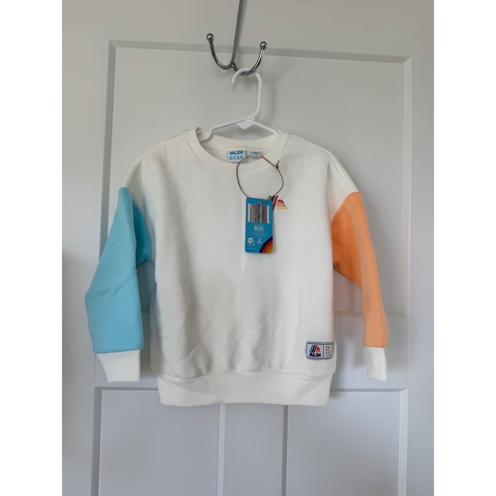 ALDI GEAR Kids Colorblock Sweatshirt Cream Blue Orange White Logo XS 4-5